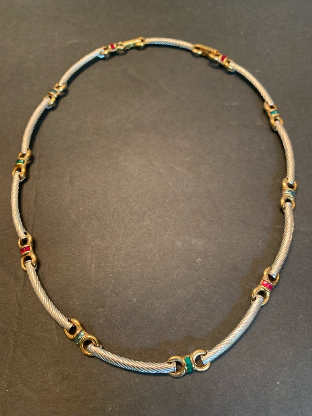 Silver & Gold Cable style necklace w/ red and green crystals 16 inch w/ extender